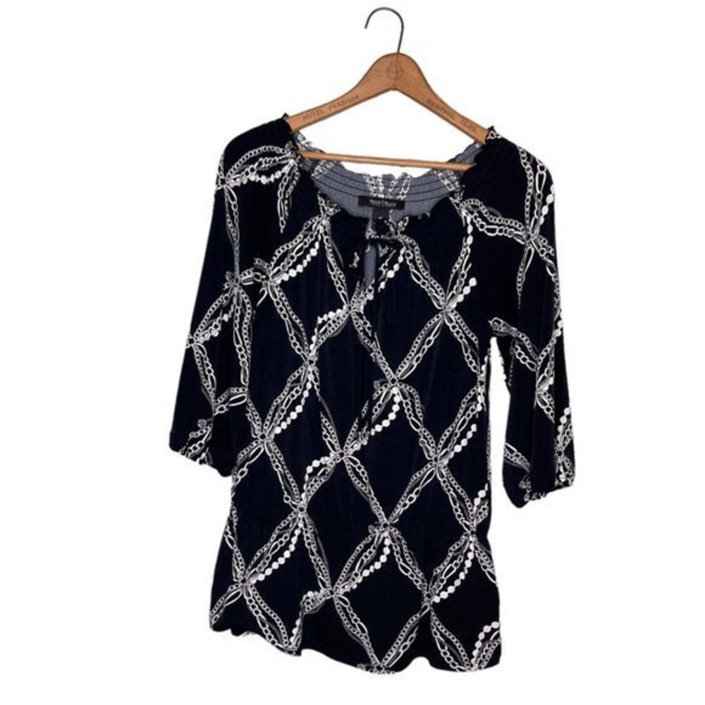 White House Black Market XS Chain Pearl Off the Shoulder Smocked Knit Peplum Top